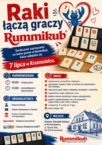 Plakat informujący o graniu w Rummikub